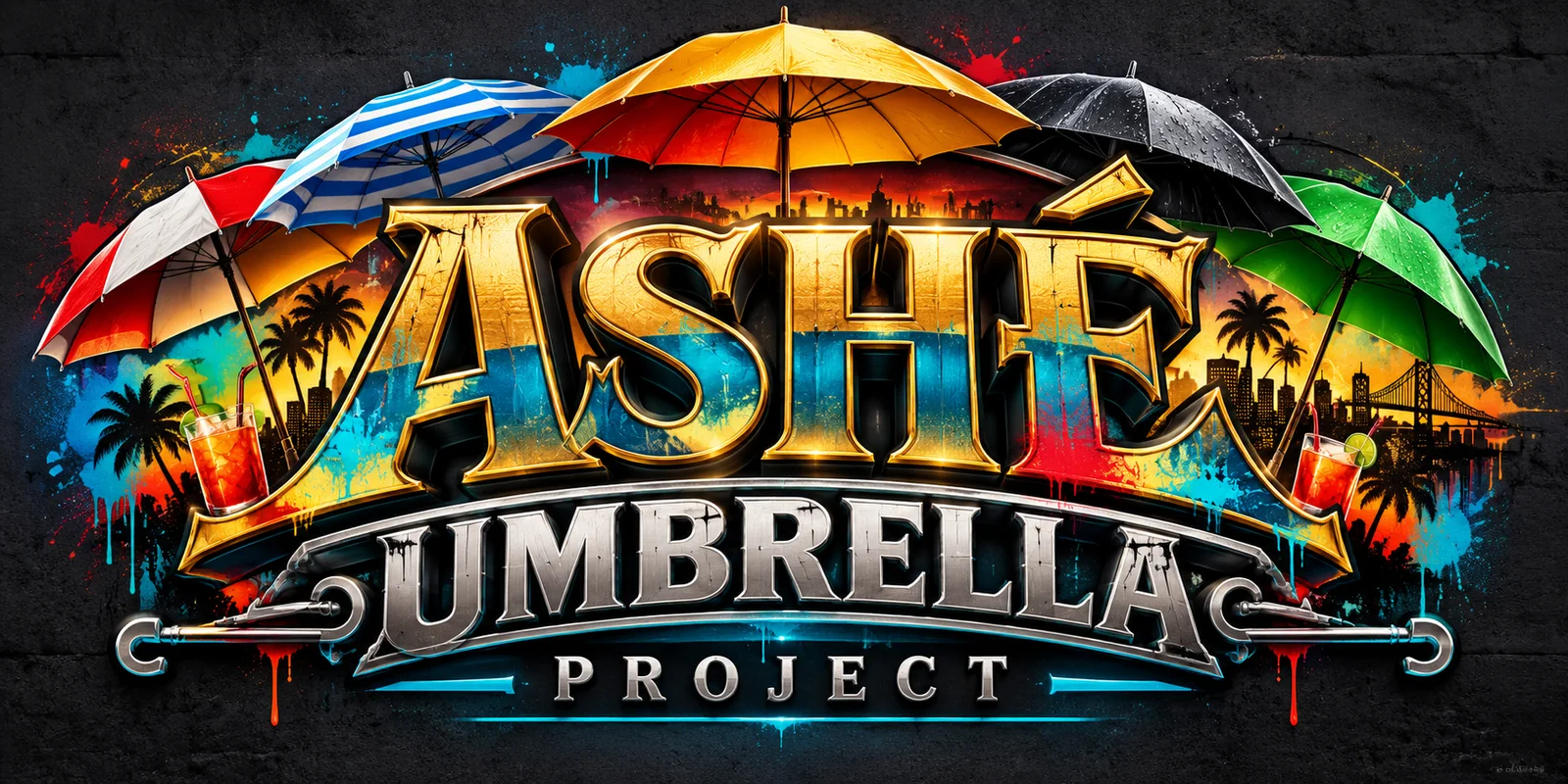 Colorful alternate mural concept with ASHÉ Umbrella Project lettering, tropical motifs and sunset
