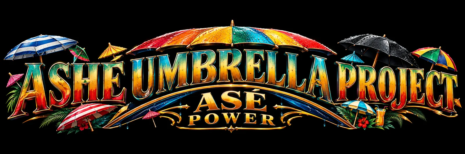 Colorful concept logo with beach umbrellas, rain umbrellas and cocktail motifs